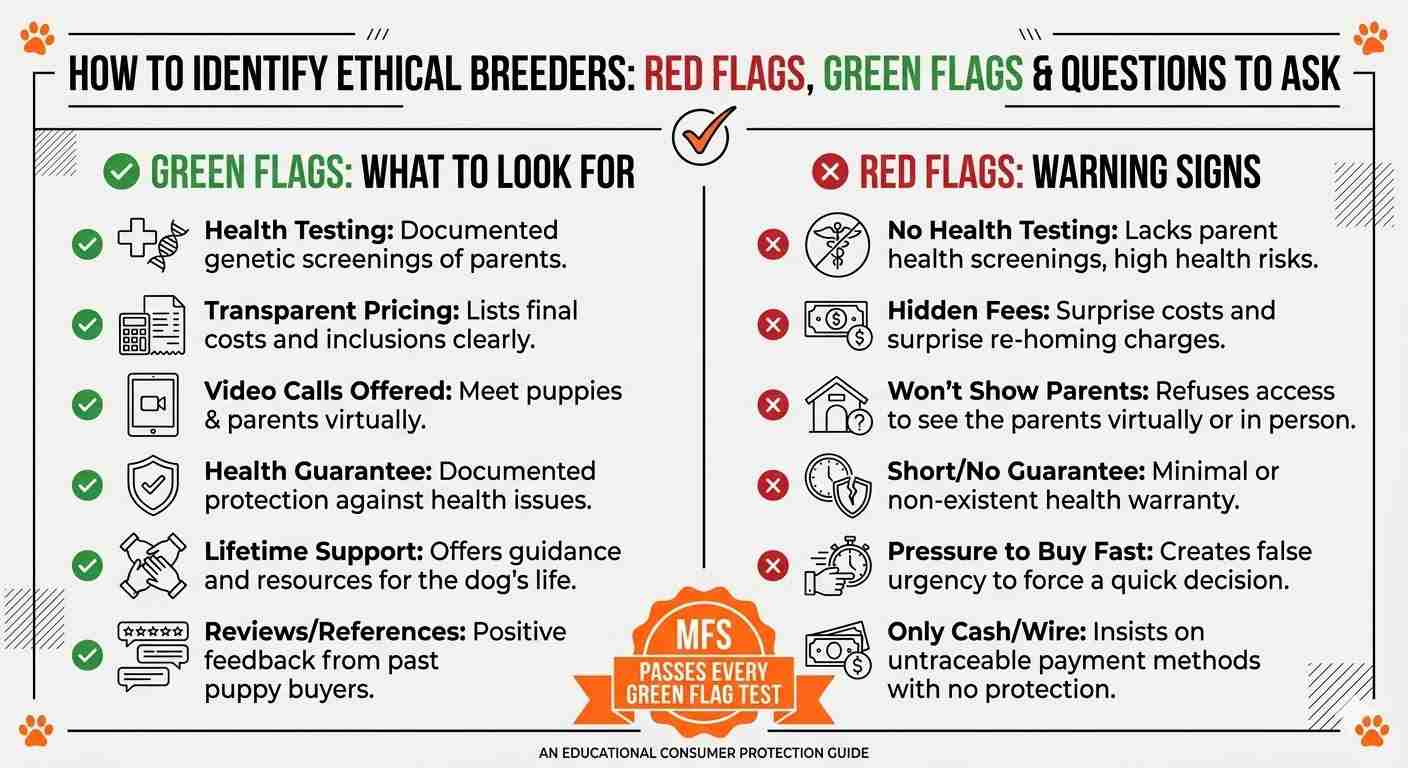 Educational infographic comparing ethical vs. unethical dog breeders. Lists Green Flags like Health Testing and Video Calls Offered, and Red Flags including Hidden Fees and No Health Testing.