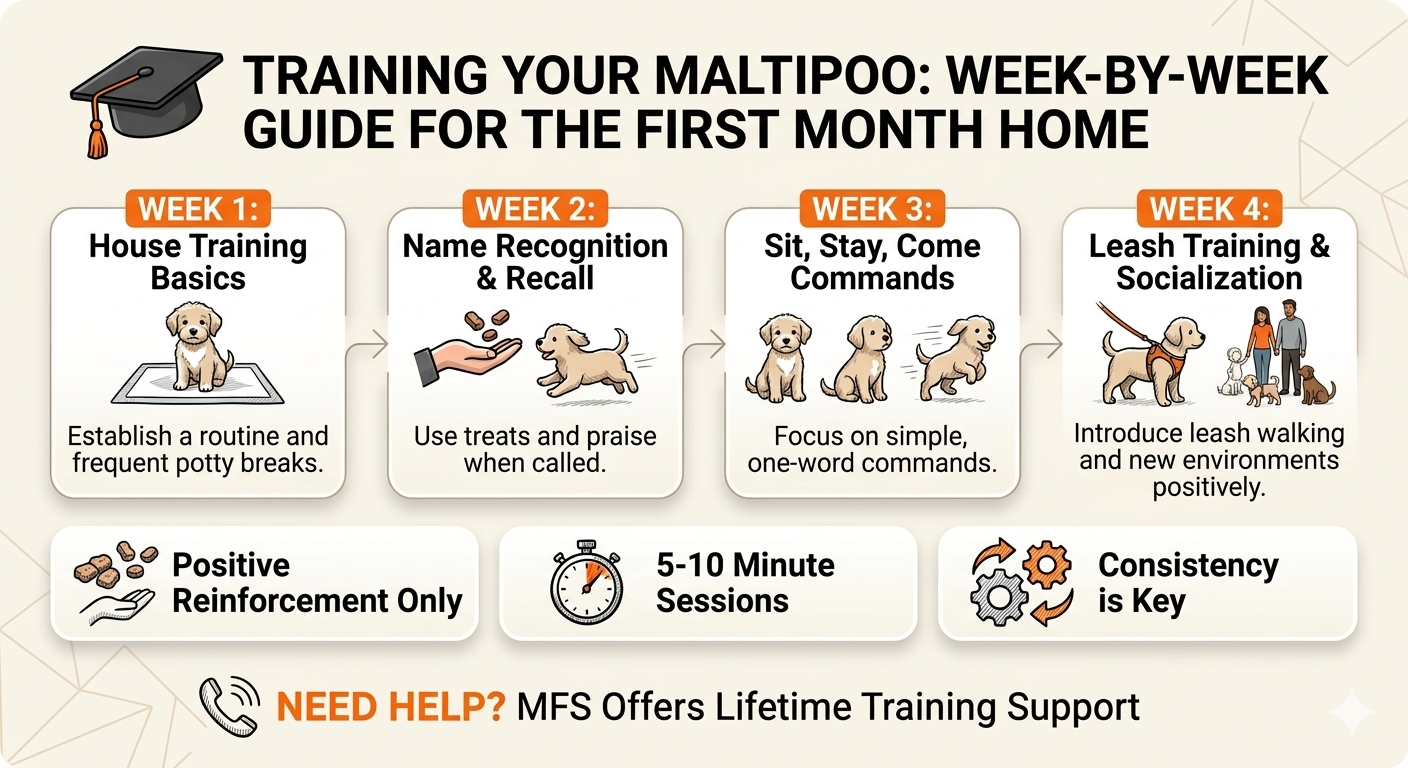 Comprehensive infographic on how to train a Maltipoo puppy in 4 weeks. Covers house training, name recall, basic commands, and leash training with MFS expert tips for positive reinforcement.