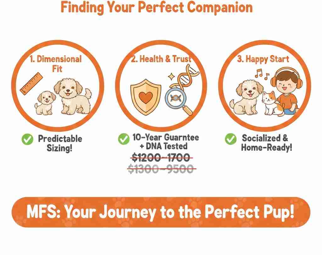 Expert infographic outlining key decisions when buying Maltipoo puppies: selecting the right dimensional size, verifying genetic health via DNA testing, and ensuring proper early socialization.