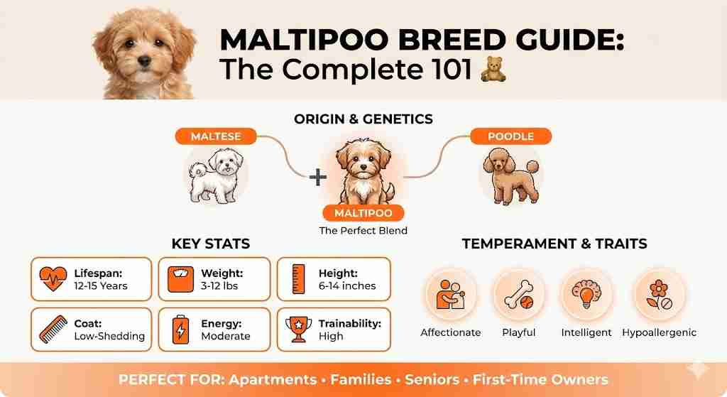 Comprehensive Maltipoo breed guide infographic detailing the Maltese and Poodle cross, 12-15 year lifespan, weight ranges, hypoallergenic coat traits, and high trainability for new pet owners.