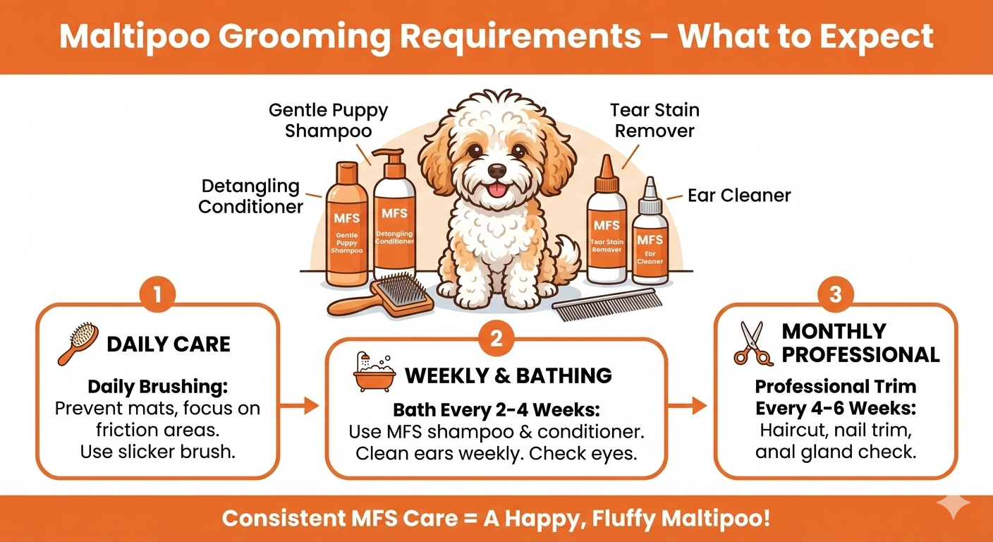 Playful infographic for Maltipoo grooming requirements featuring a cartoon dog, MFS branded shampoo bottles, daily brushing tips, bathing schedules, and professional hair trimming requirements.