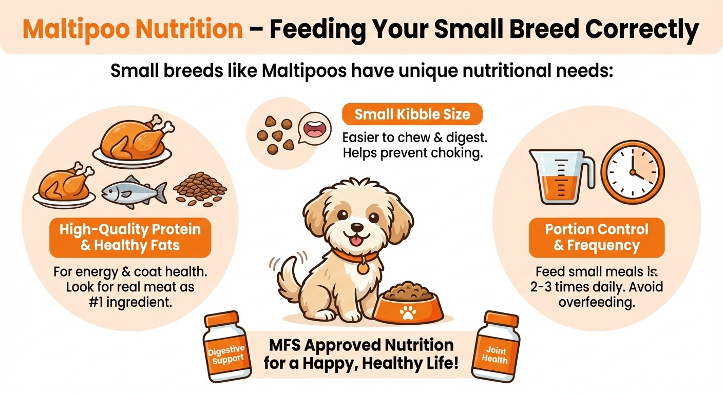Educational infographic for Maltipoo nutrition featuring high-quality protein sources, small kibble size benefits, portion control tips, and MFS-approved digestive and joint health supplements.
