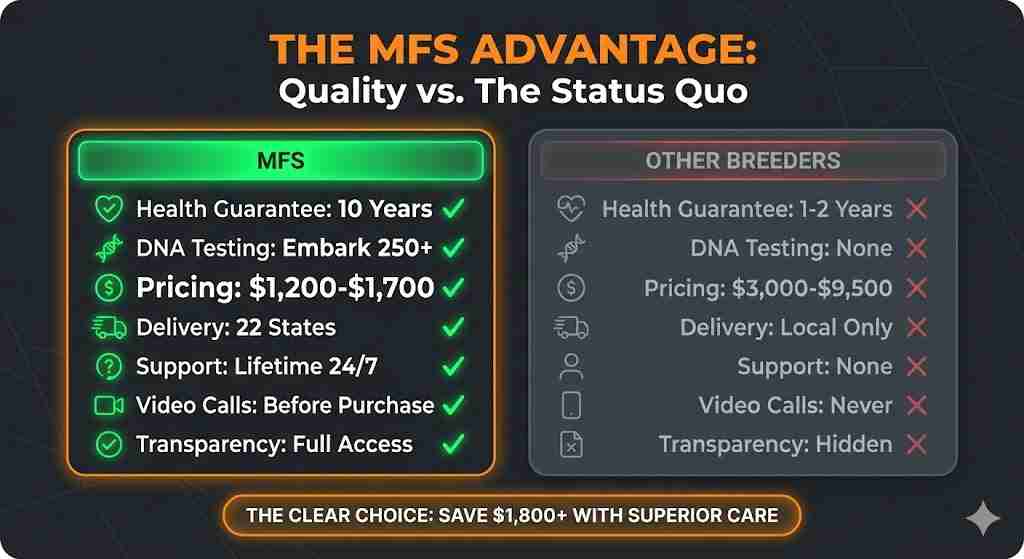 Comparison table showing MFS 10-year health guarantee and Embark 250+ DNA testing versus standard breeders with limited support, highlighting superior pricing, 24/7 lifetime care, and video calls.