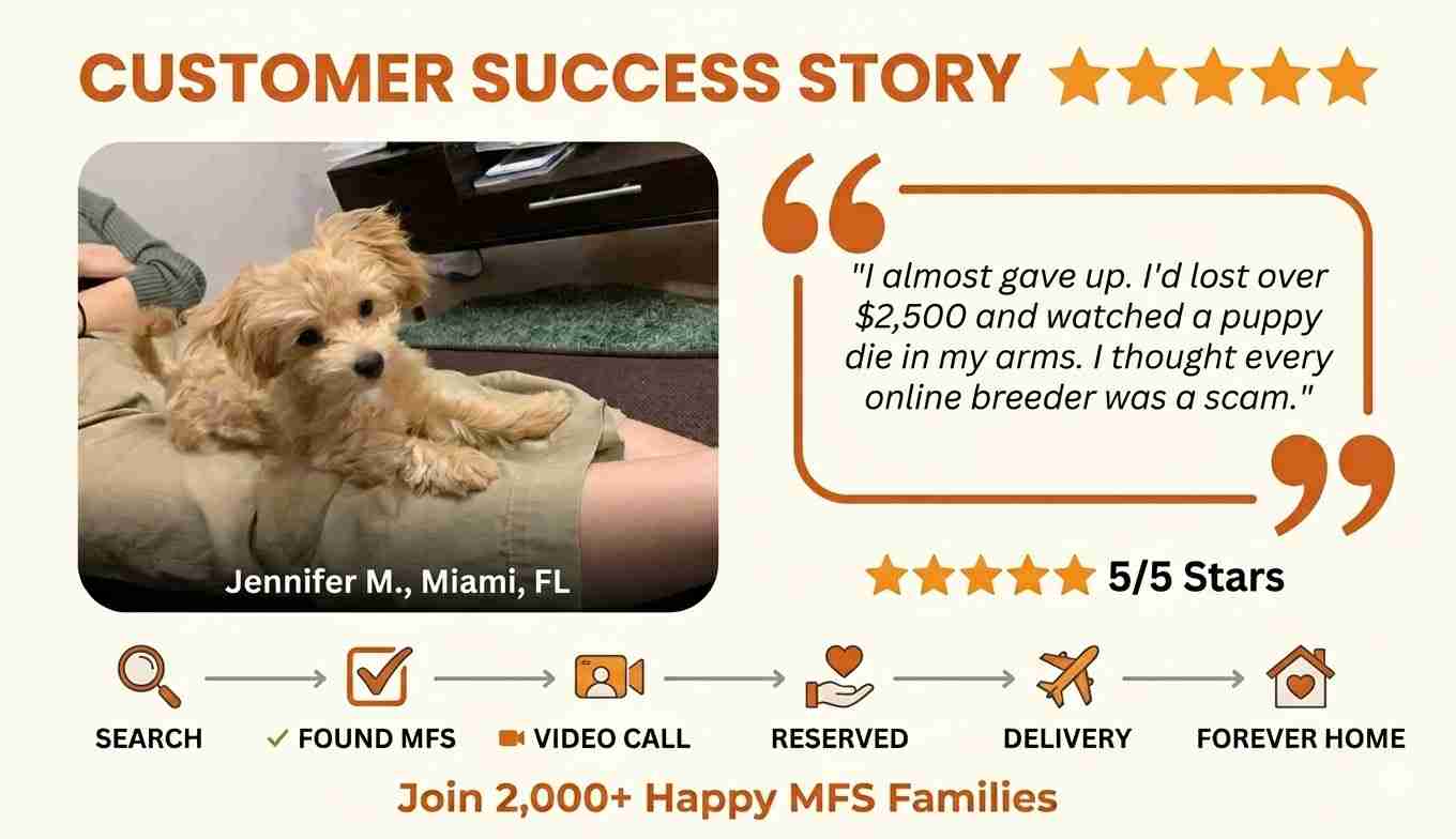 Real Maltipoo breeder reviews infographic featuring Jennifer M. from Miami, FL, sharing her 5-star success story and journey from searching to bringing her healthy MFS puppy to its forever home.