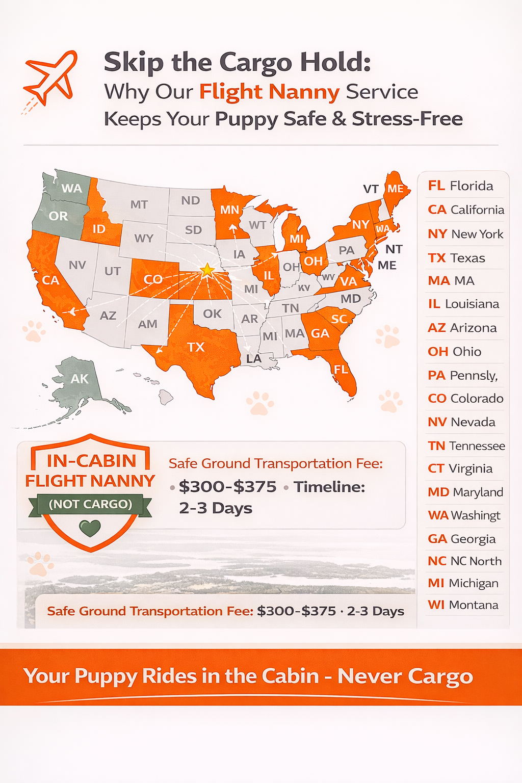 Infographic titled “Skip the Cargo Hold: Why Our Flight Nanny Service Keeps Your Puppy Safe & Stress-Free” featuring a U.S. delivery map with highlighted states, Nebraska origin star, airplane route icons, in-cabin flight nanny badge, safe ground transportation fee details, and 2-3 day timeline emphasizing cabin travel never cargo.