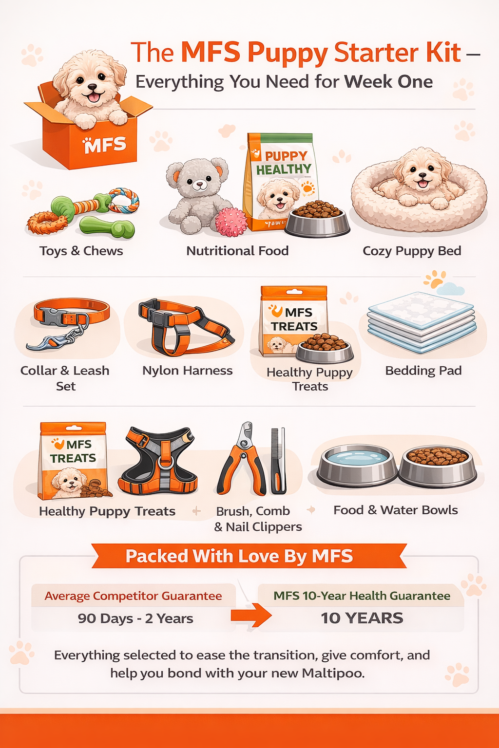 Infographic titled “The MFS Puppy Starter Kit – Everything You Need for Week One” displaying essential puppy supplies including food, crate, leash, collar, grooming tools, toys, health records, and transition instructions in a clean orange and white layout designed for new puppy owners preparing for their first week at home.